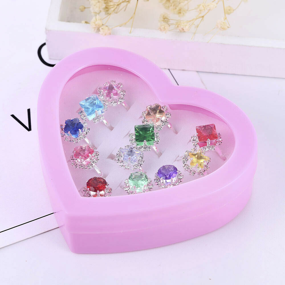 12*Kids Child Diamate Ring Set Adjustable Crystal Rings Costume Jewelry w/Box US