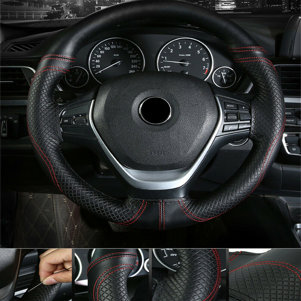 38cm Universal Car Steering Wheel Cover Black Cowhide Leather Red Line DIY Sew