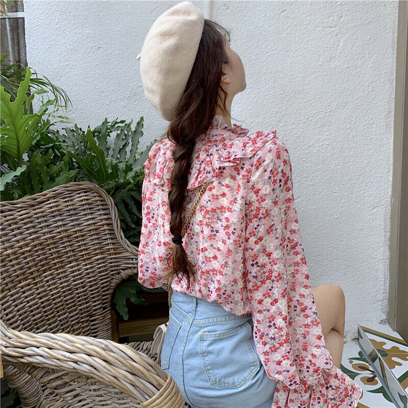Sweet Ladies Ruffled Lace Chiffon Floral Shirt Blouse Long Flared Sleeve Tops UK