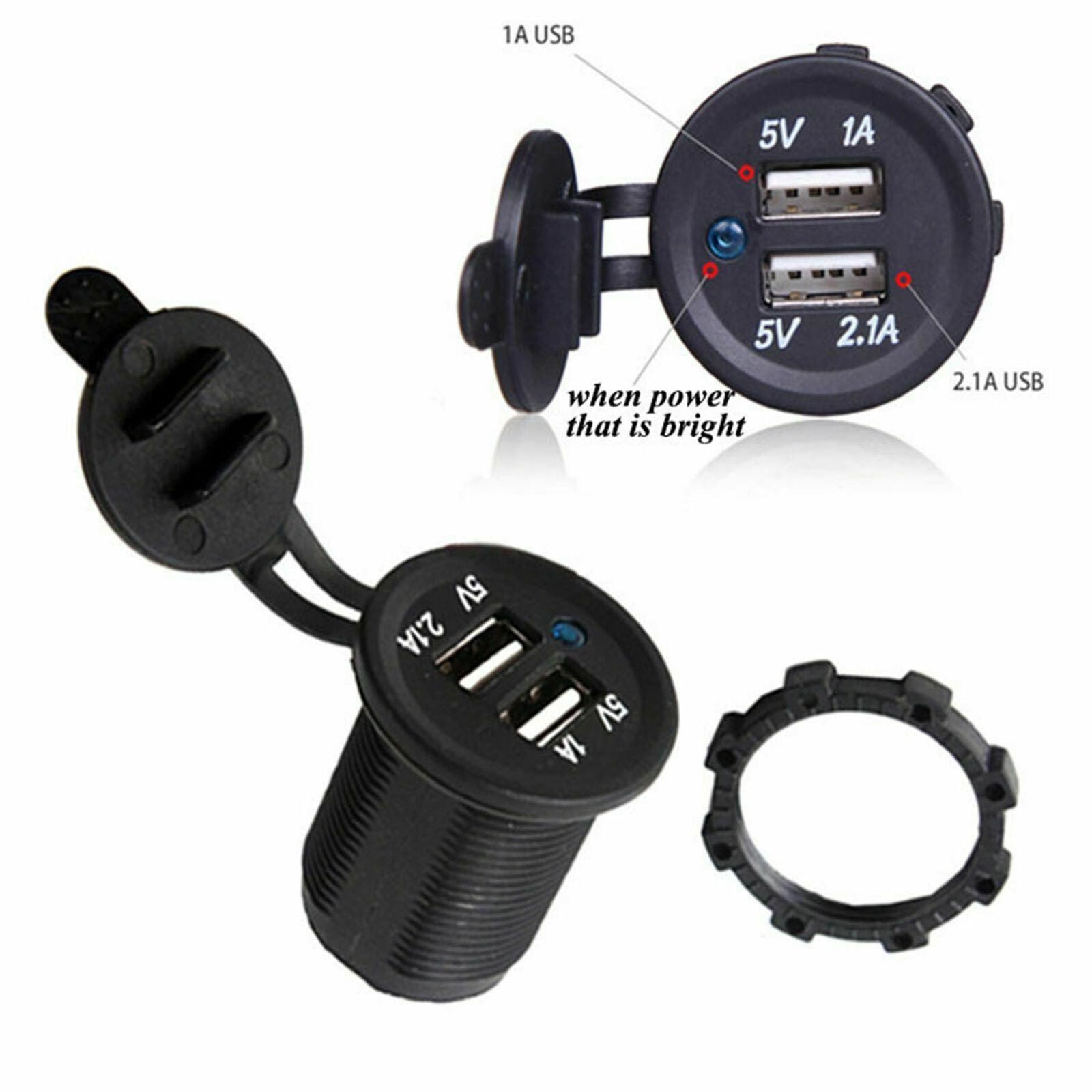 12V Car Lighter Socket Dual USB Charger Adapter Car Fitting Black