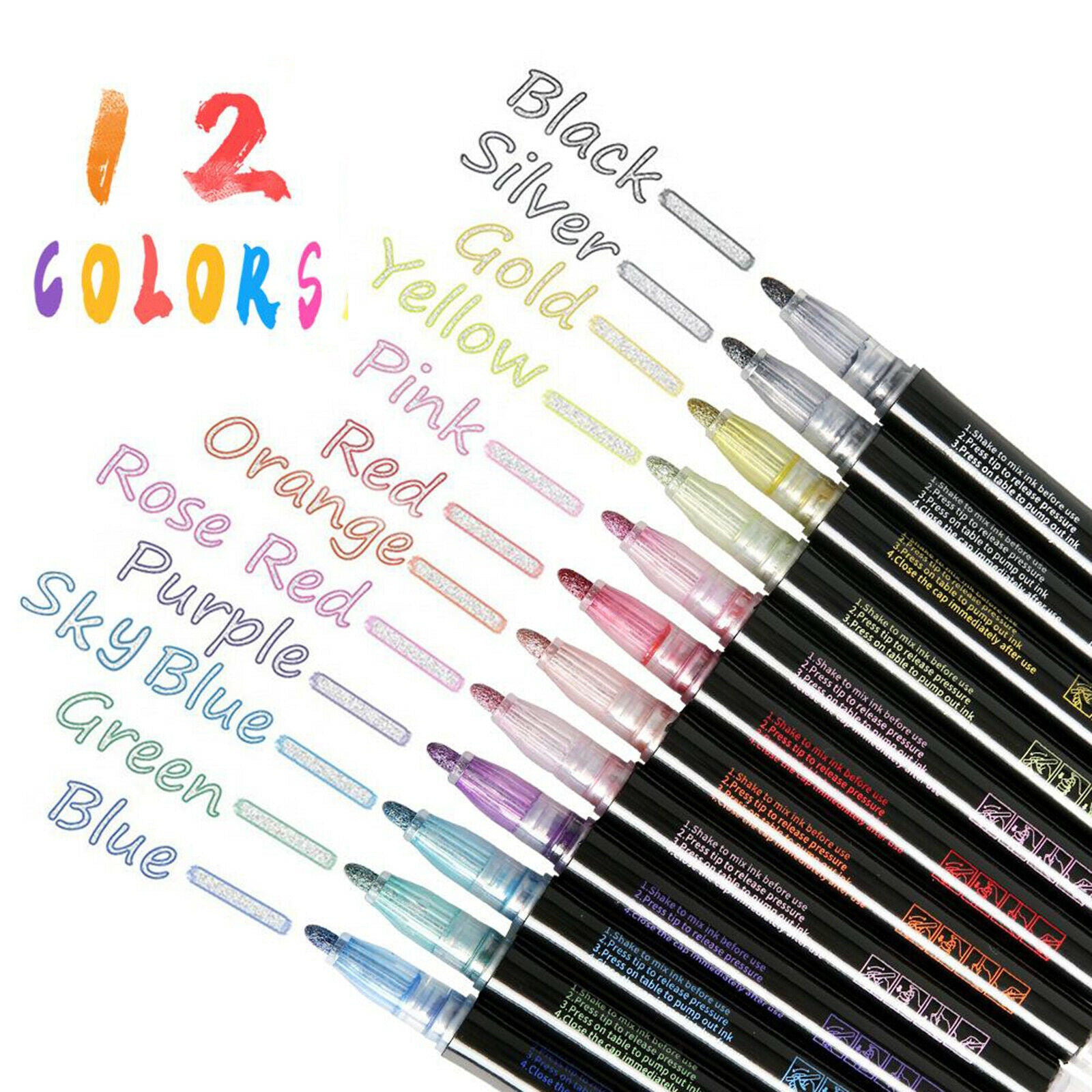 Double Line Outline Pens, 12 Colors Self-Outline Metallic Markers Glitter
