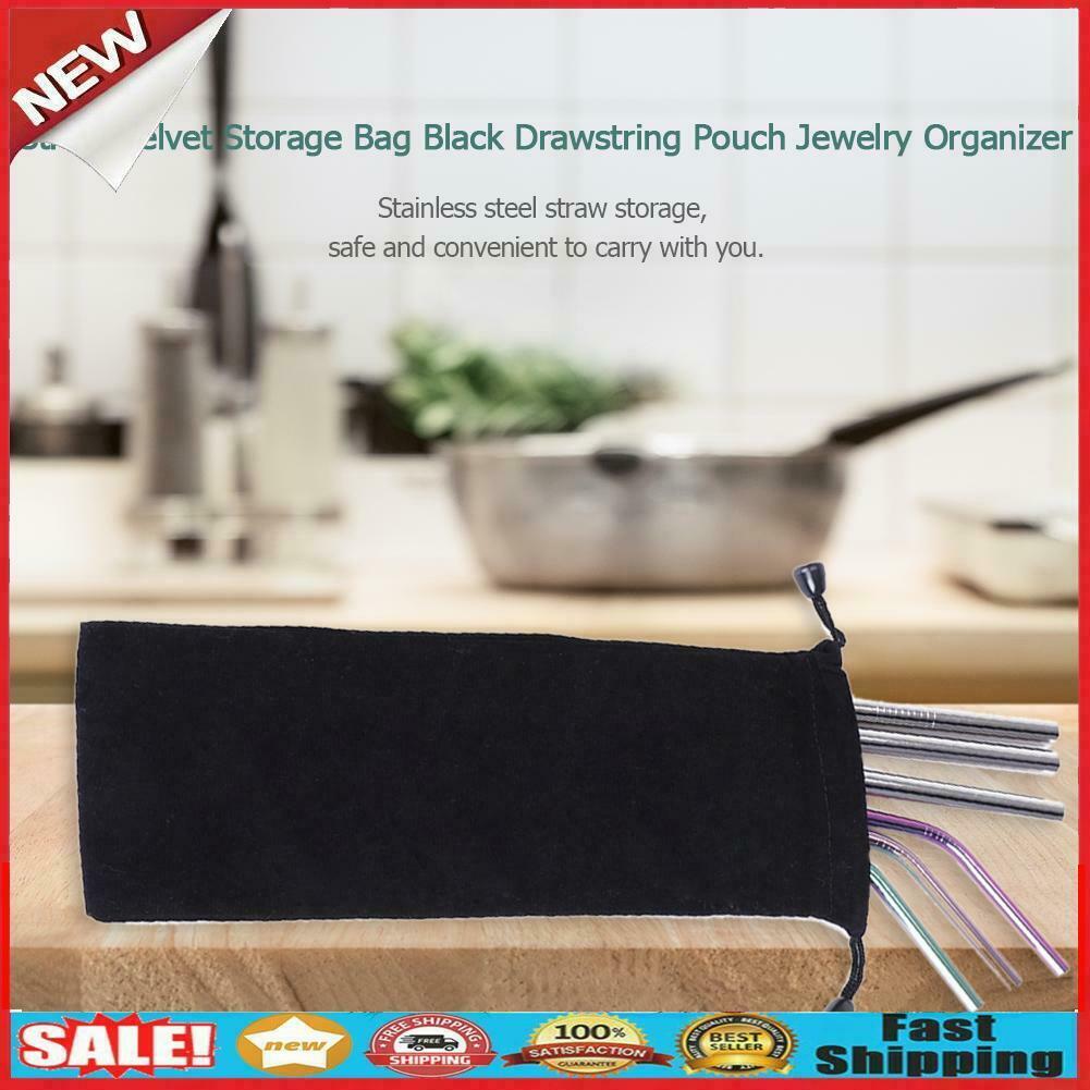 Reusable Metal Straw Velvet Storage Bag Drawstring Pouch Jewelry Organizer @