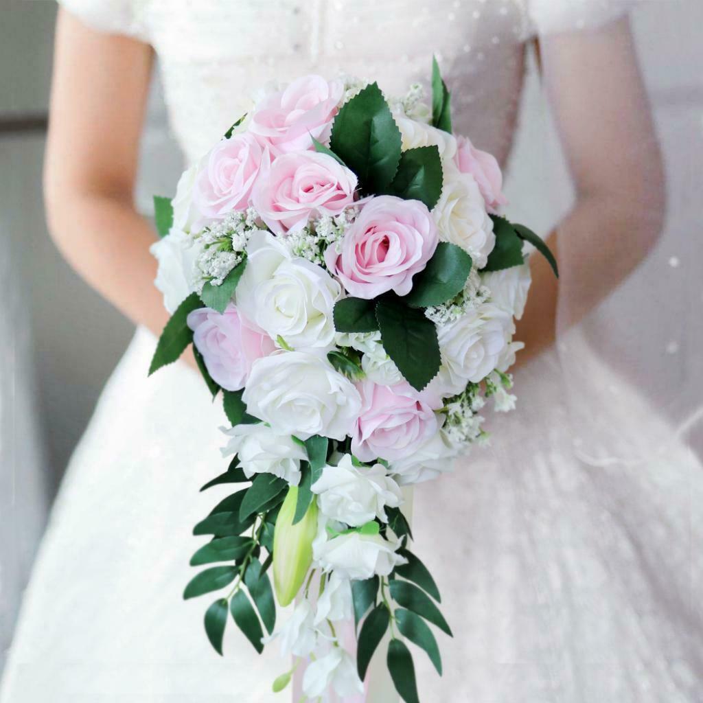 Wedding Hand Bouquet Bridal Holding Artificial Flowers White + Pink