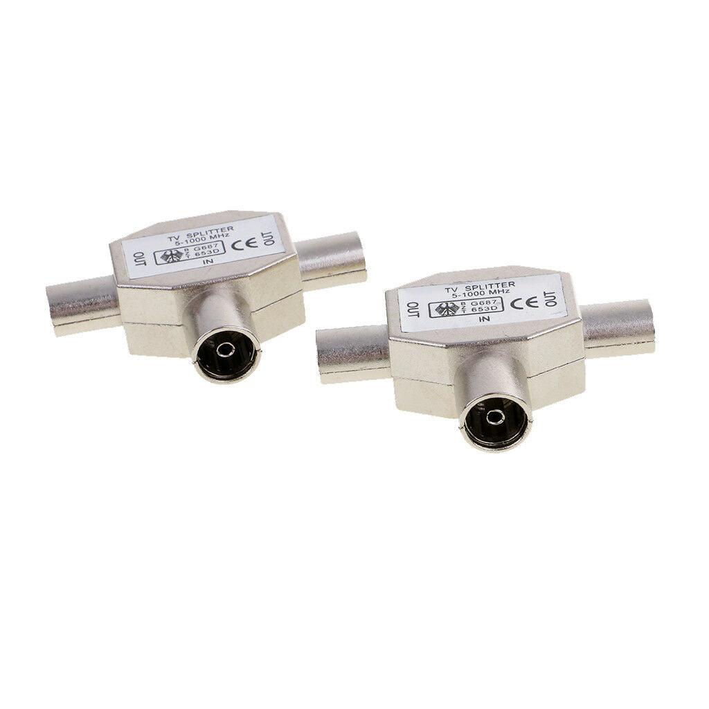 2pcs TV Aerial Coaxial Signal Splitter 2-Way 1 Female to 2 Male Connector