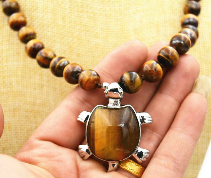 18" Beautiful 10mm African Roar Tiger's Eye Turtle Pendant Necklace AAA