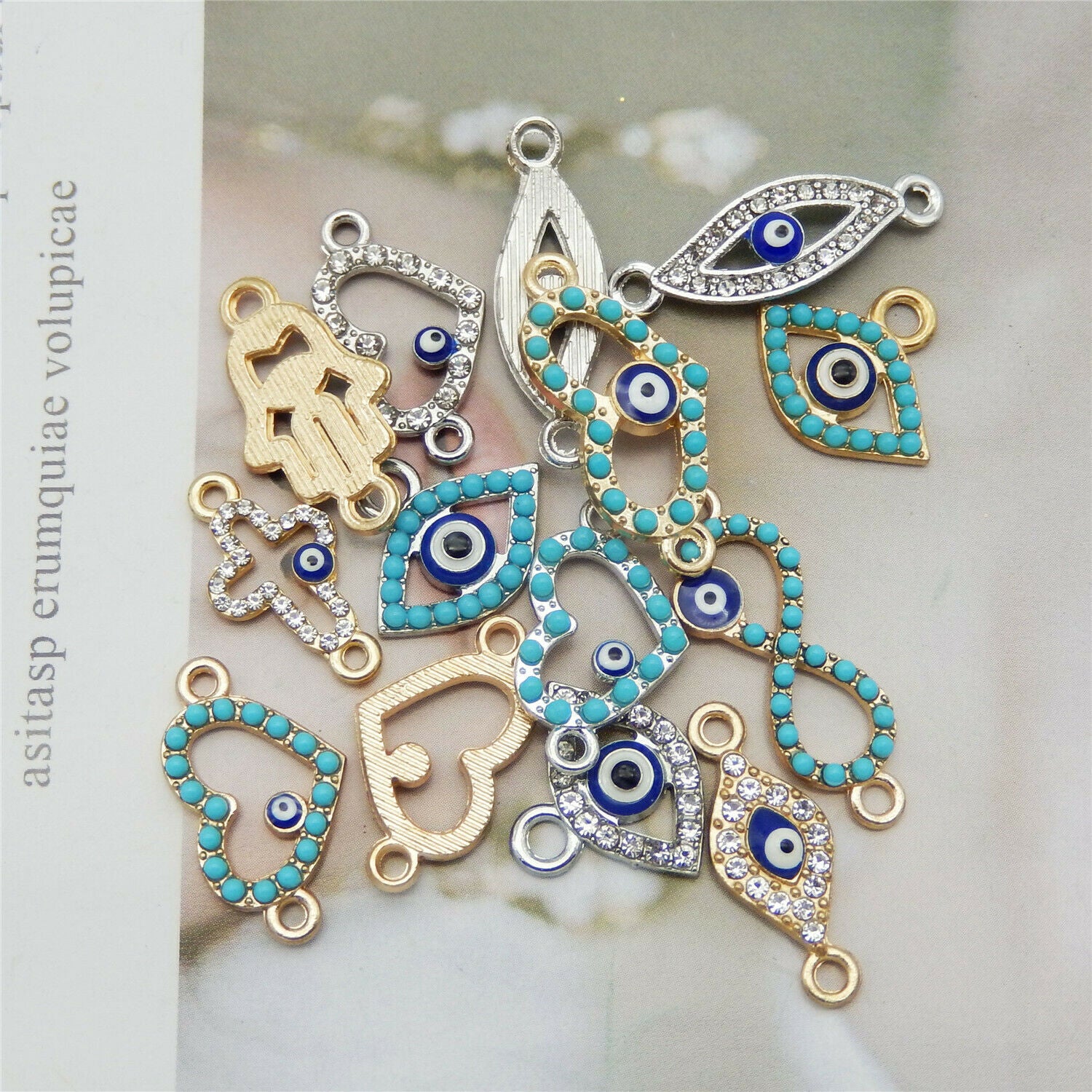 14PCS Assorted Alloy Evil Eye Enamel Charm Rhinestone Pendant Connector Jewelry