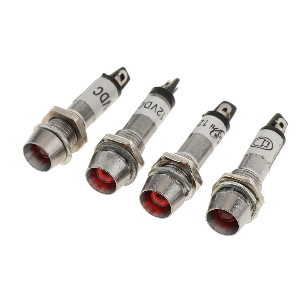 4 Pieces 12V DC 8mm LED Metal Power Indicator Signal Lights Lamps Bulb Red