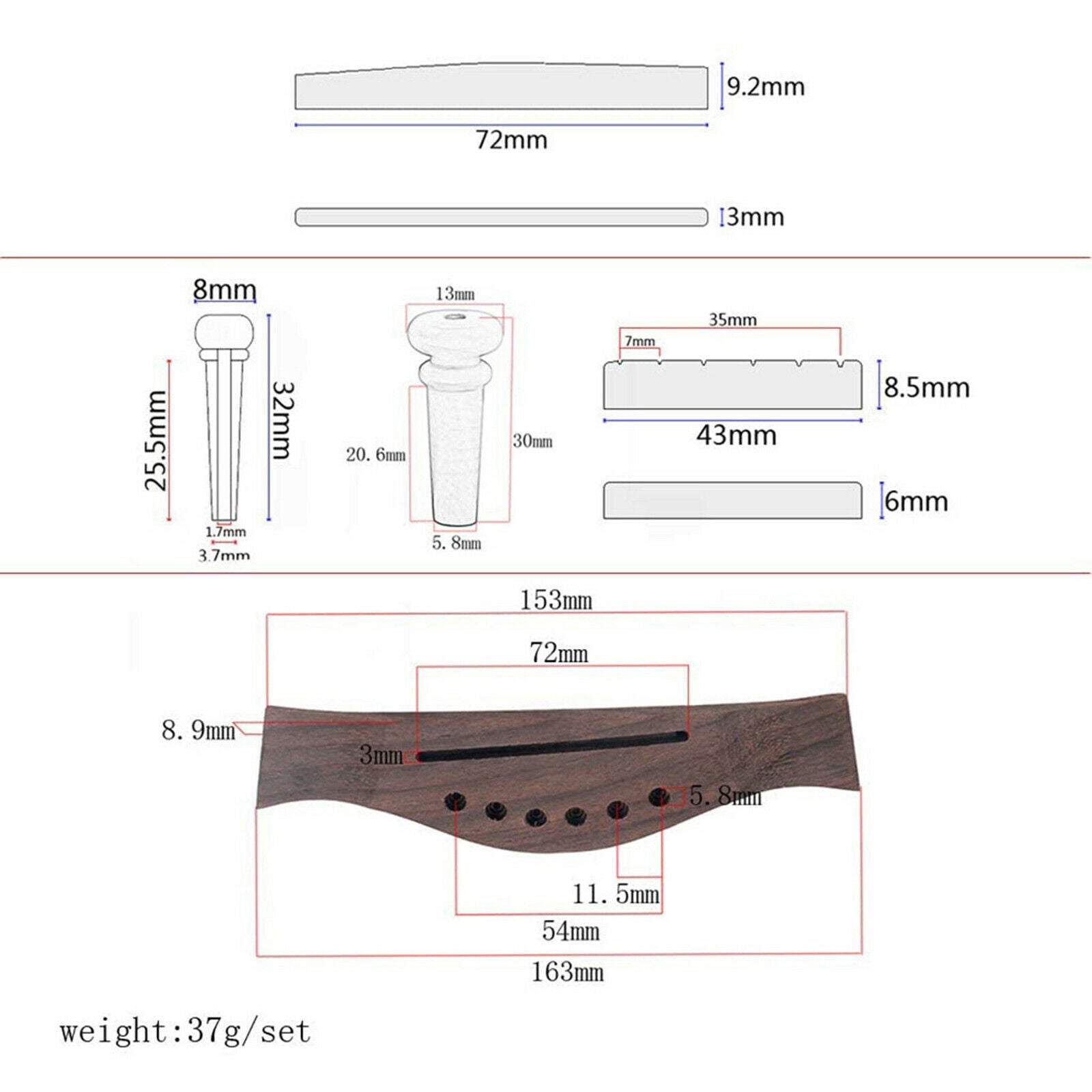 Classical Guitar Bridge with Pins Slotted Nut Saddle Repairing Kit Parts