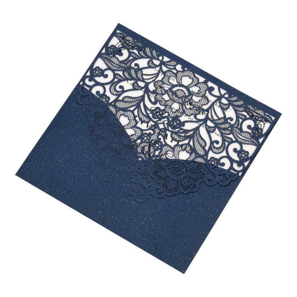 10 Sets Luxury Hollow Floral Wedding Invitation Cards with Envelope Blue