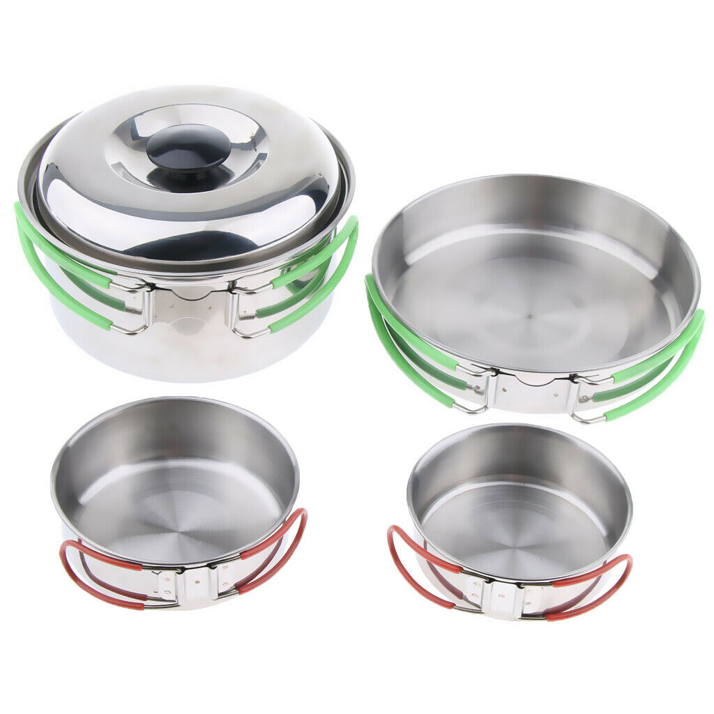 4Pcs Stainless Steel Portable Foldable Camping Hiking Pots Stockpots Utensil