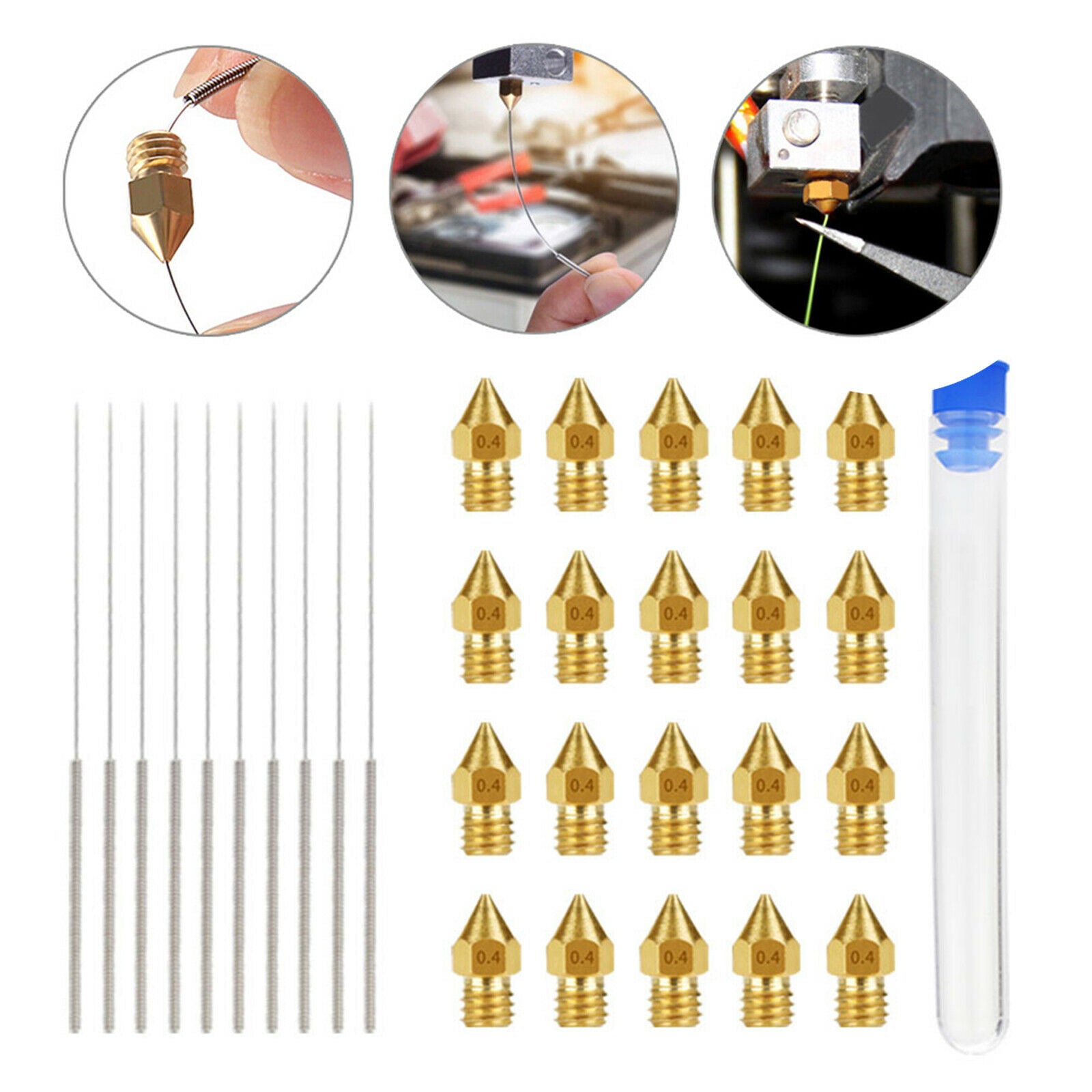 0.4MM MK8 20 pcs Brass Nozzles Kit with 10 Cleaning Needles Accessories for