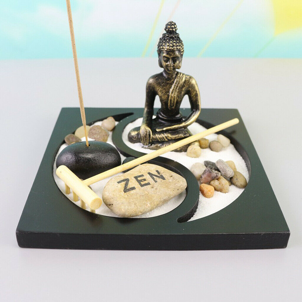 Meditation Buddha Statue Zen Garden Sand Rock Rake Incense Burner Scene