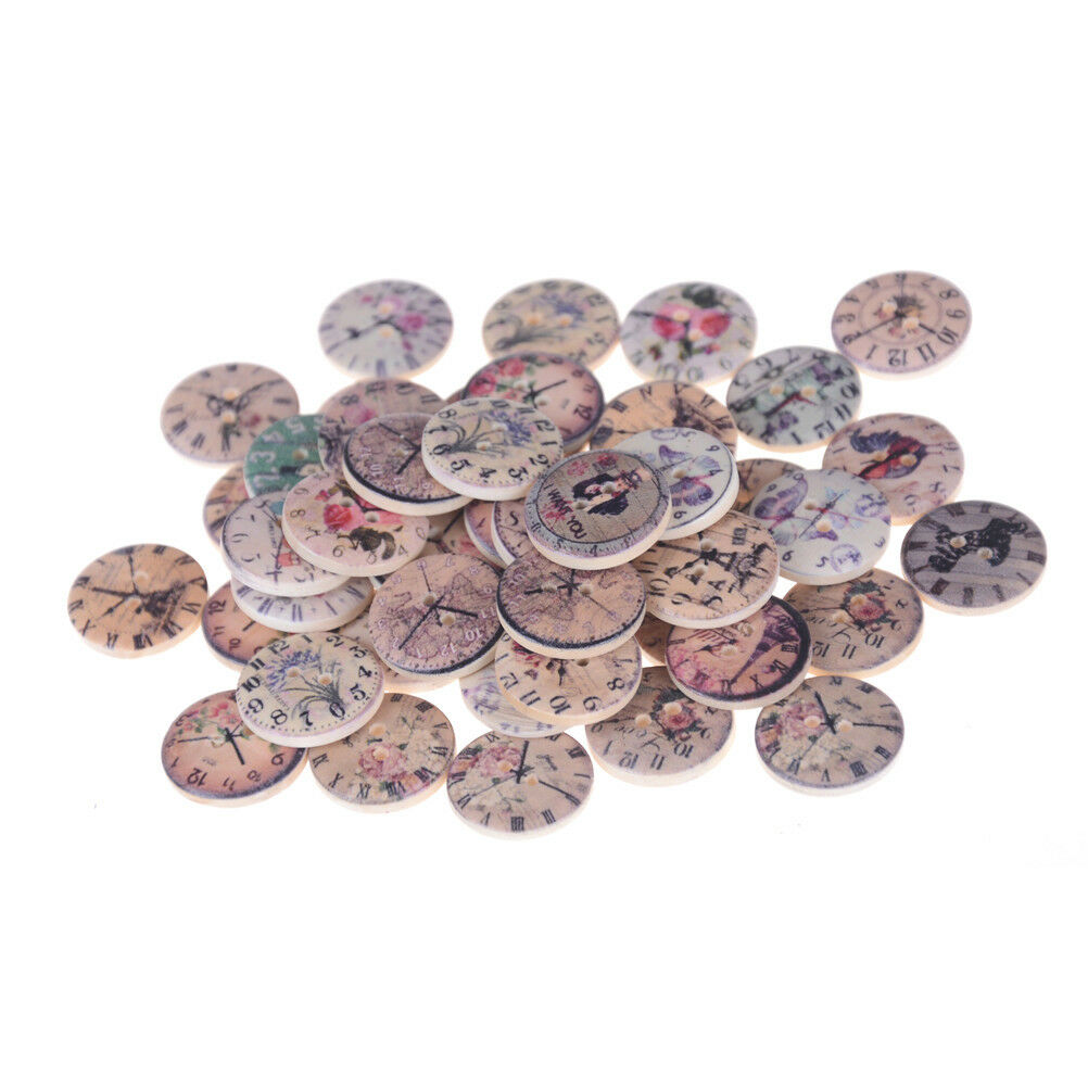 50pcs/set Retro Clocks Woodens Buttons 2Holes Painted Mini Wooden Buttons Cra SJ