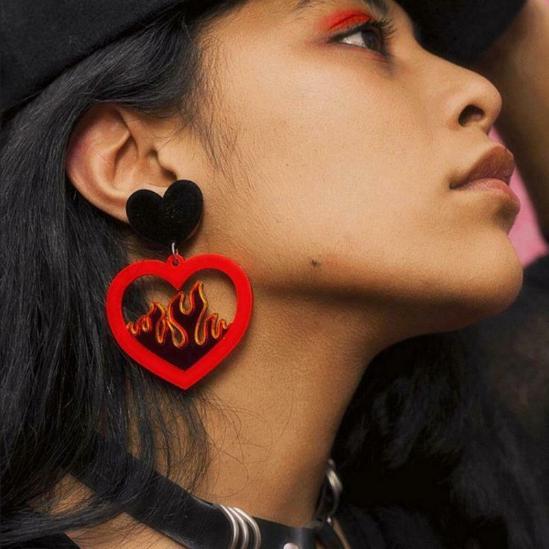 Acrylic Red Heart Fire Dangle Earrings Pendant Statement Women Fashion Jewelry
