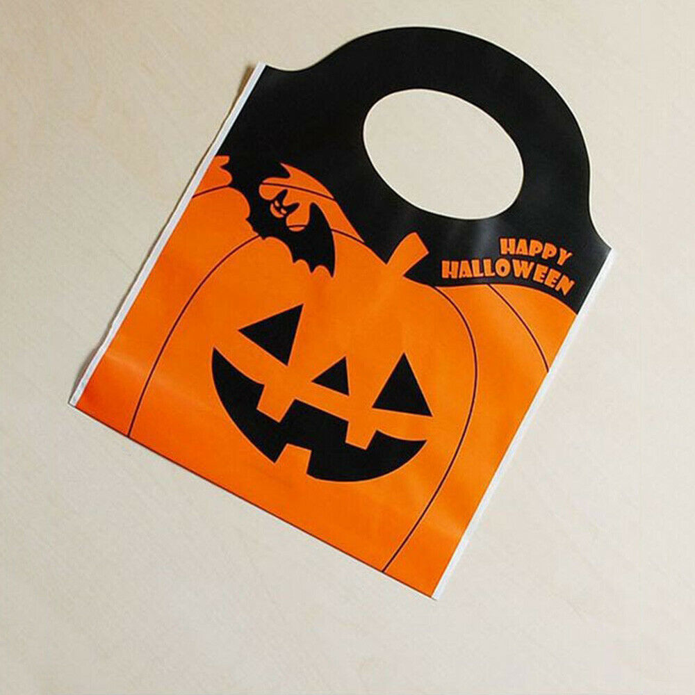 50x Happy Halloween Orange Pumpkin Plastic Tote Bag Trick or Treat Gift Candy