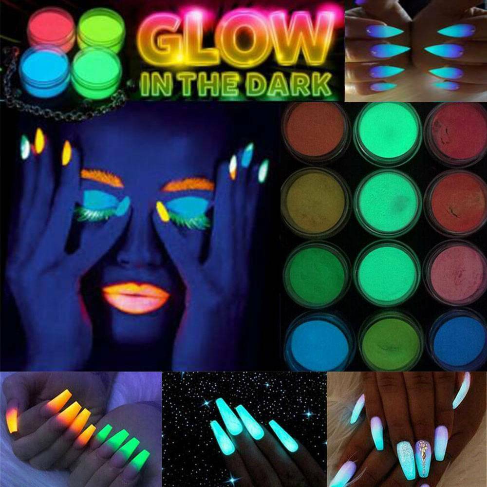 12Colors/Pack Acrylic Fluorescent Powder Glow In the Dark Manicure Nail Pigment~