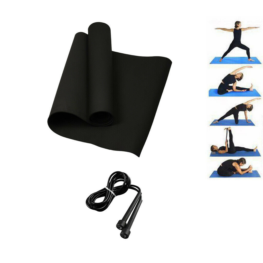 Yoga Mat Pilates Exercising Pad Gym Cushion for All Ages Black w/ Jump Rope
