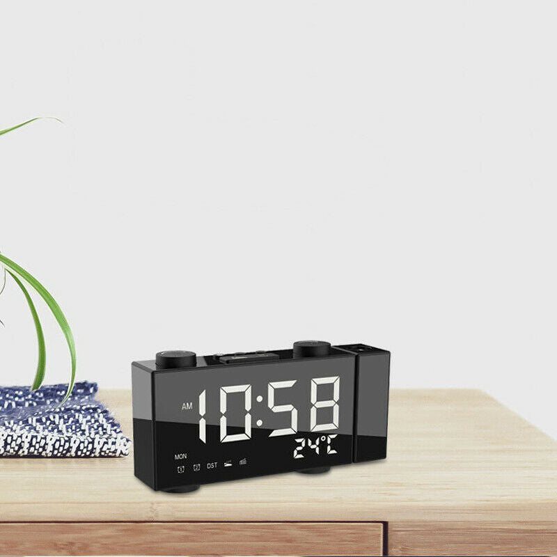 Alarm Clock 180Â° Rotating LED Projection Time Display Temperature Loud FM Radio