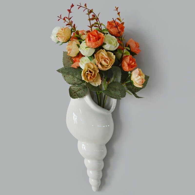 Modern White Ceramic Sea Shell Conch Flower Vase Wall Hanging Home Decor LivinB7
