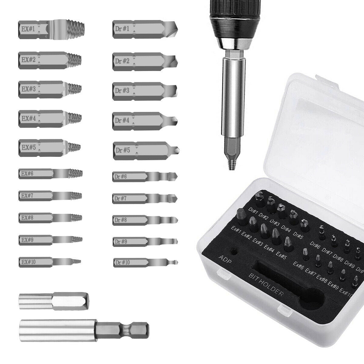 Broken Bolts, Damaged Screw Remover Tools, Peel Off Drill Bit Kit 22 Pieces