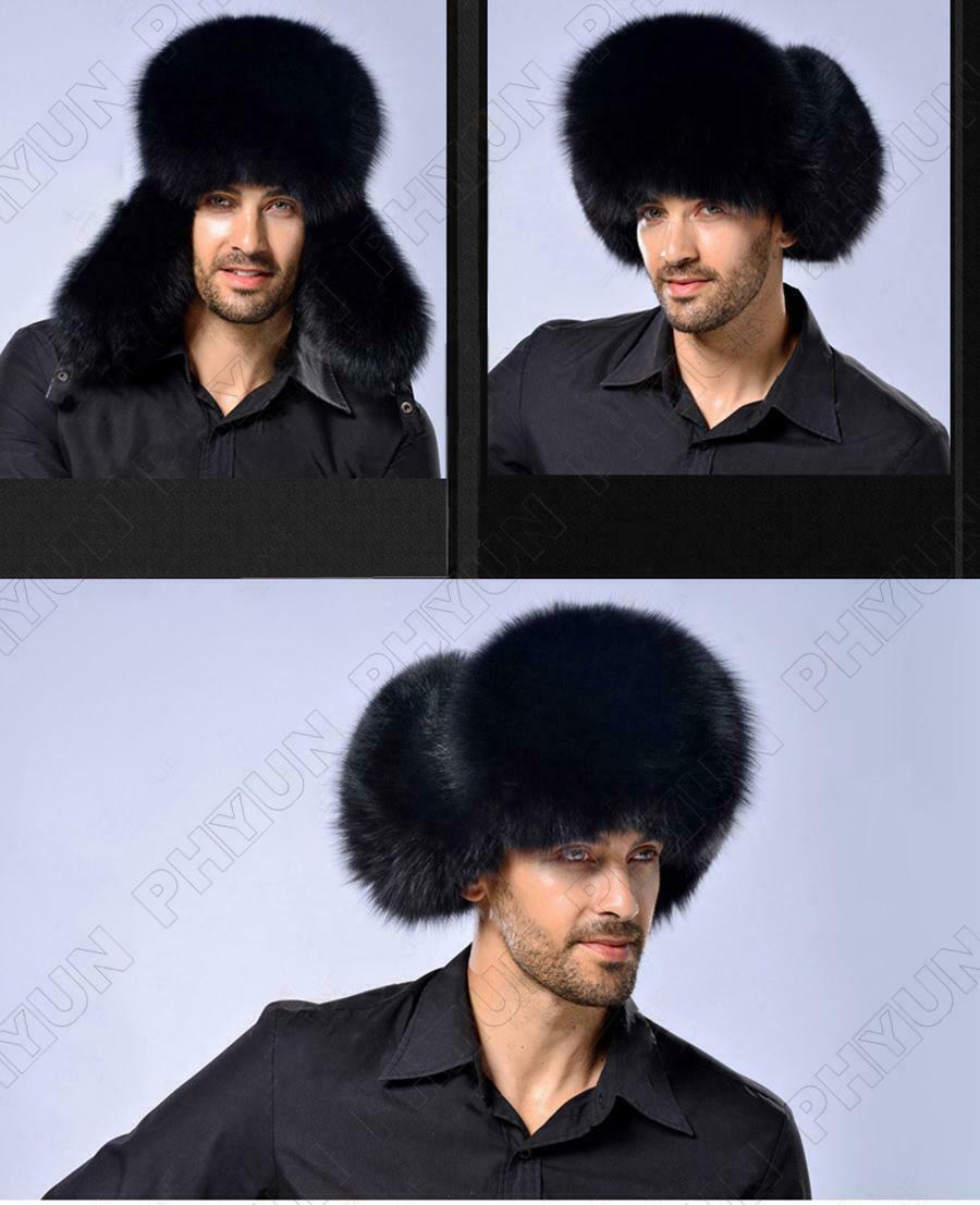 Faux Fox Fur Mens Hat Winter Hat Warm Black Real Sheep Leather with Earlaps 1x