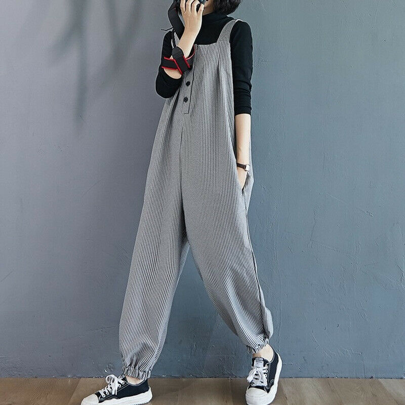 Womens Plaid Baggy Dungarees Overalls Jumpsuit Pockets Loose Romper Pants Casual
