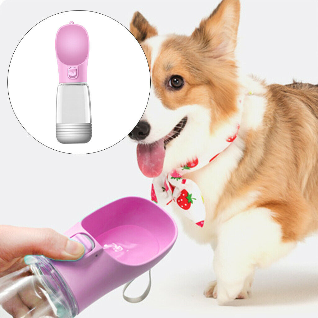 Dog Bottle Leakproof Pet Cat & Poop Bag Dispenser Bowl for Walking Pink