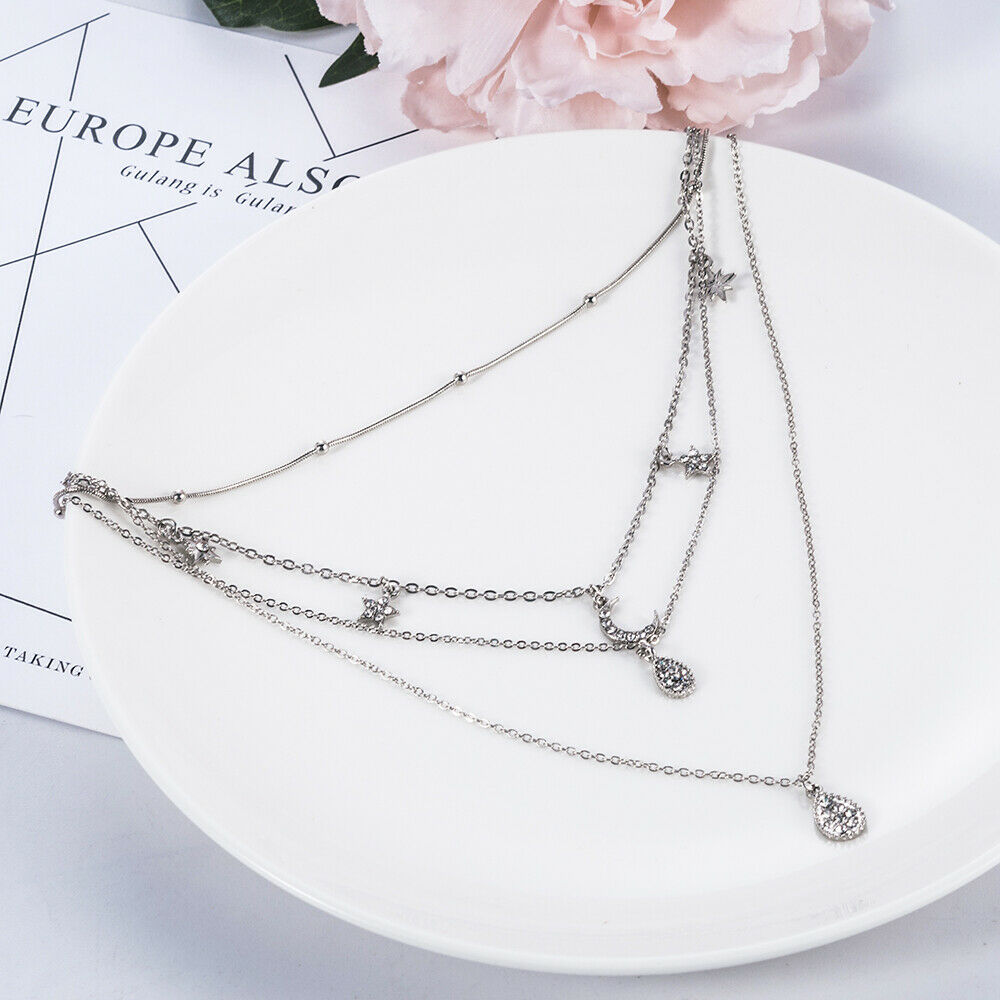 Women Multilayer Choker Pendant Necklace Crystal Star Moon Chain Jewelry Gift