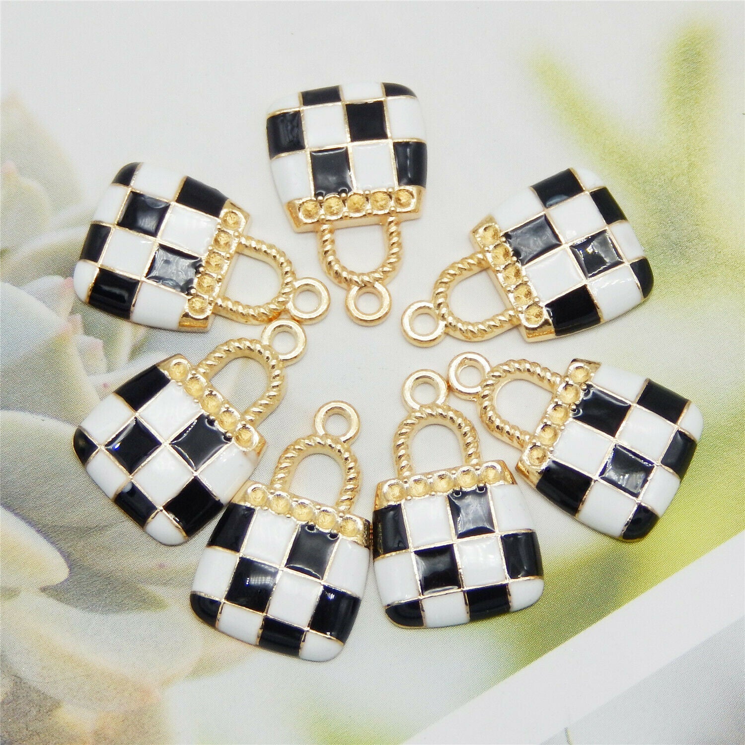30pcs Enamel Black&White Check Handbags Charms Jewelry DIY Findings Accessories