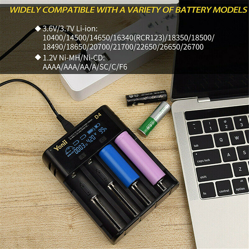 Intelligent LCD Charger 4 Slot For 18650 21700 26650 Lithium AA AAA Nimh Battery