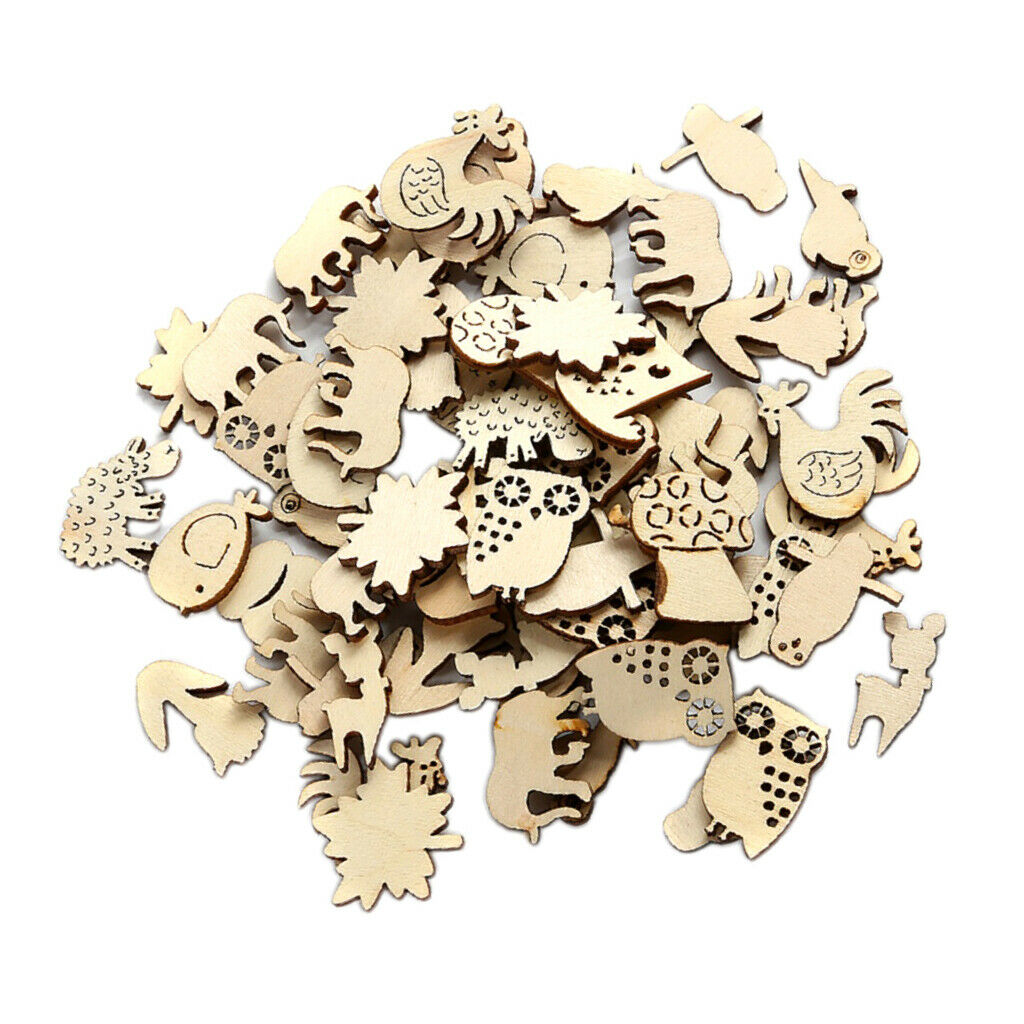 50 Pack Natural Wooden Embellishment Mixed Animals Wood Shapes Craft Pieces for