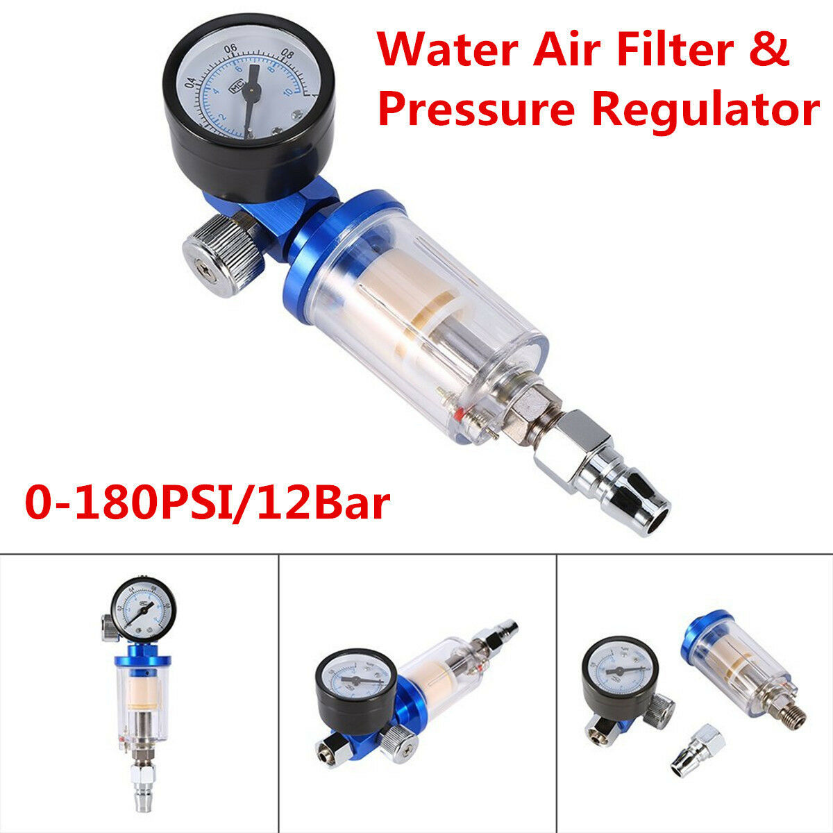 Air Pressure Regulator Spray Gun Pressure Gauge & In-Line Water Trap Filter Tool