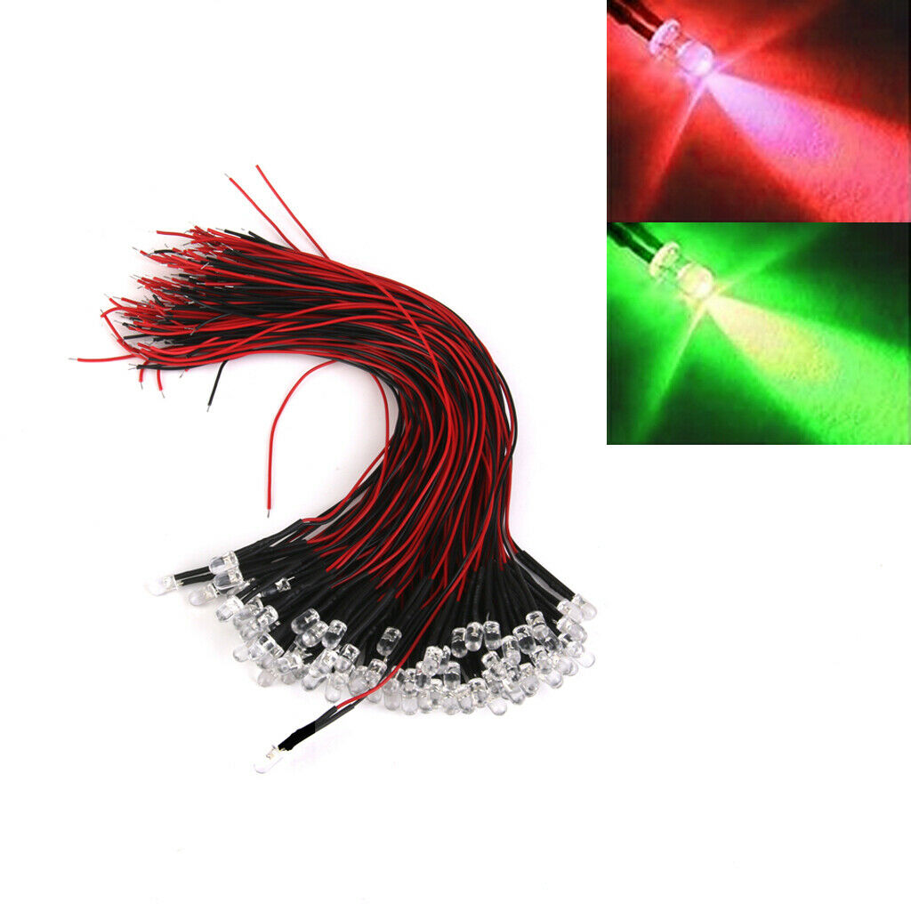 40 Pieces Red+Green 5mm LED Light Lamp DC 3V-42V 20mA 0.1W 20cm Wire