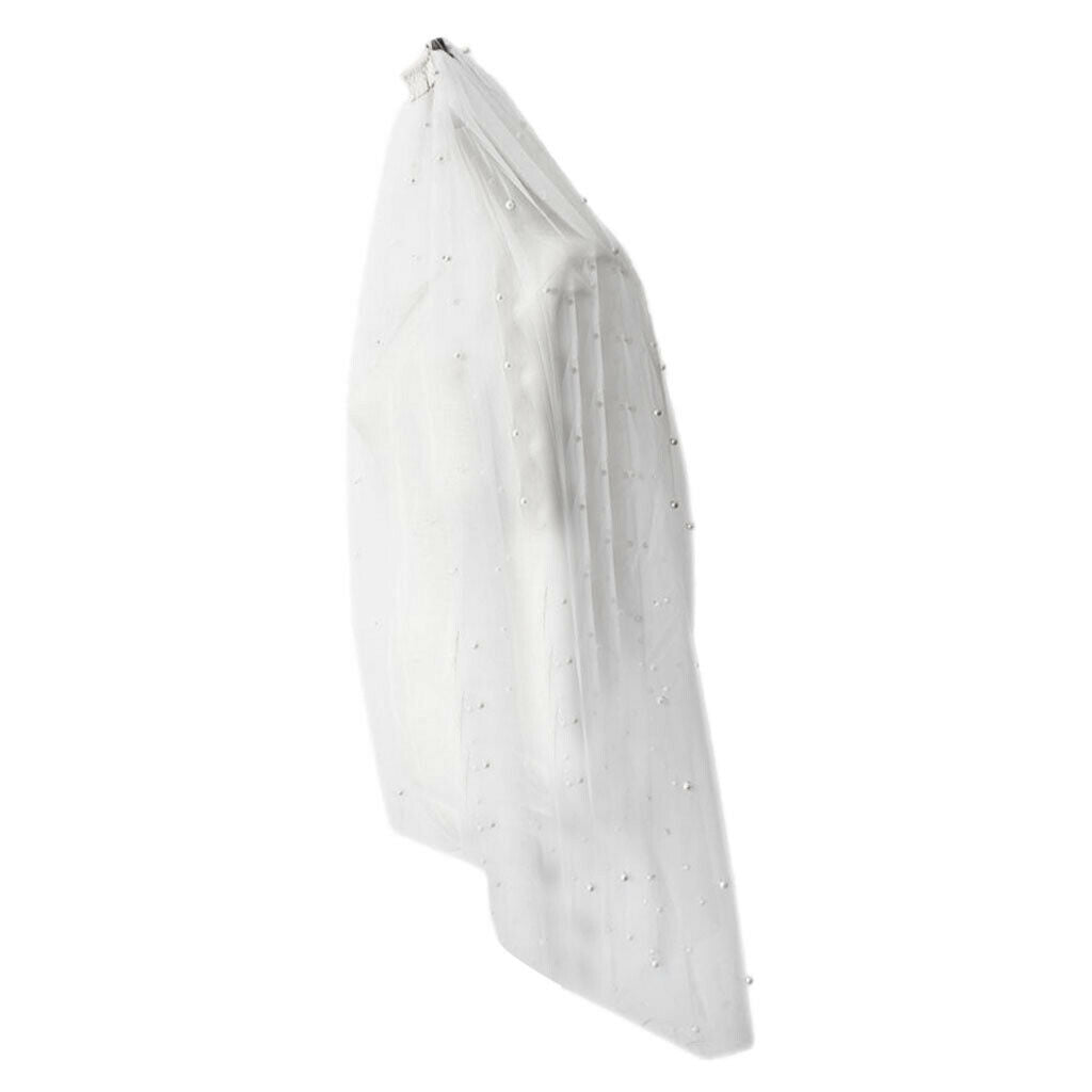 White Cathedral Length Soft Lace Wedding Bridal Veil Long Trail Pearls Decor