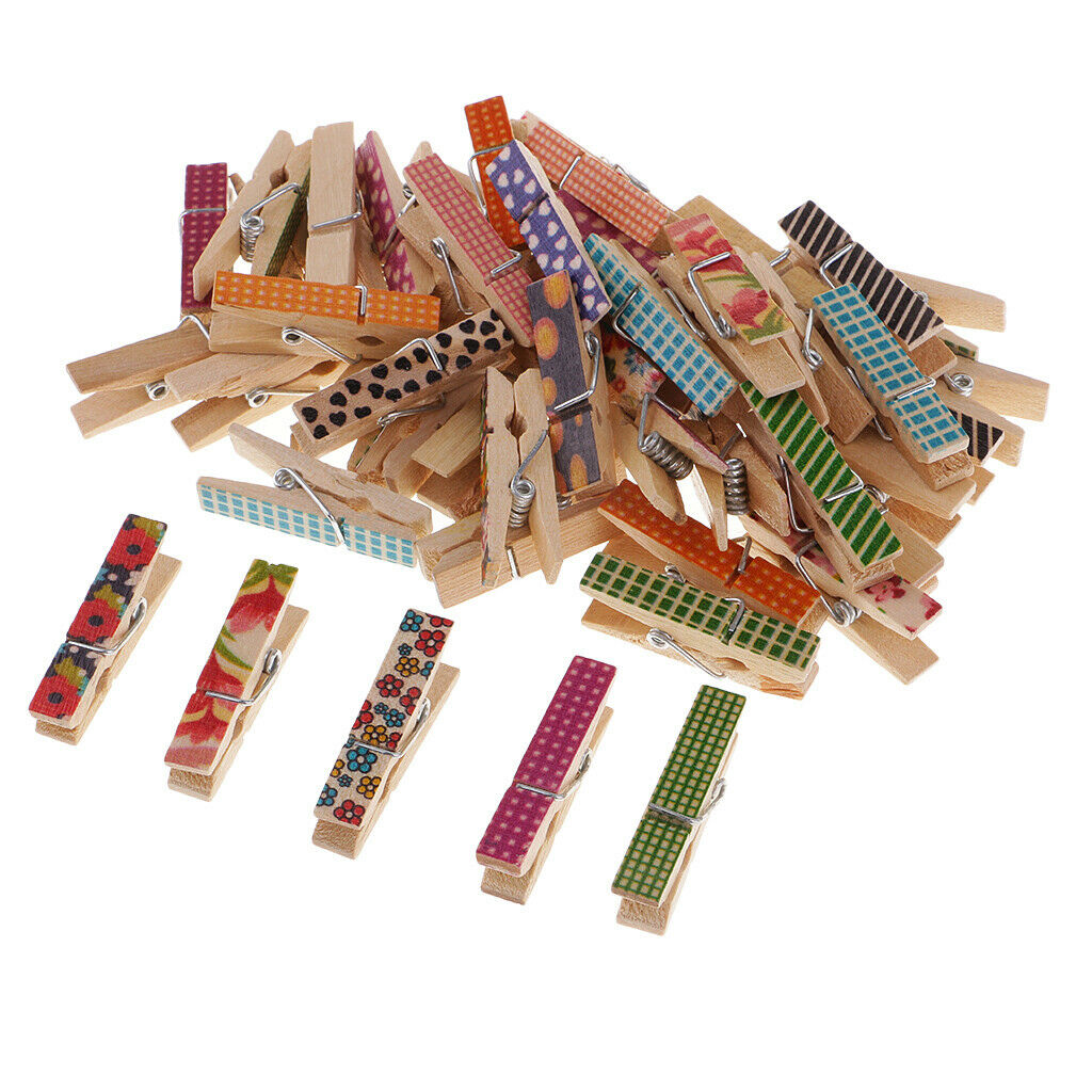 50X Home /Office Display Patterned Clothespins Wooden Photo Paper Peg DIY