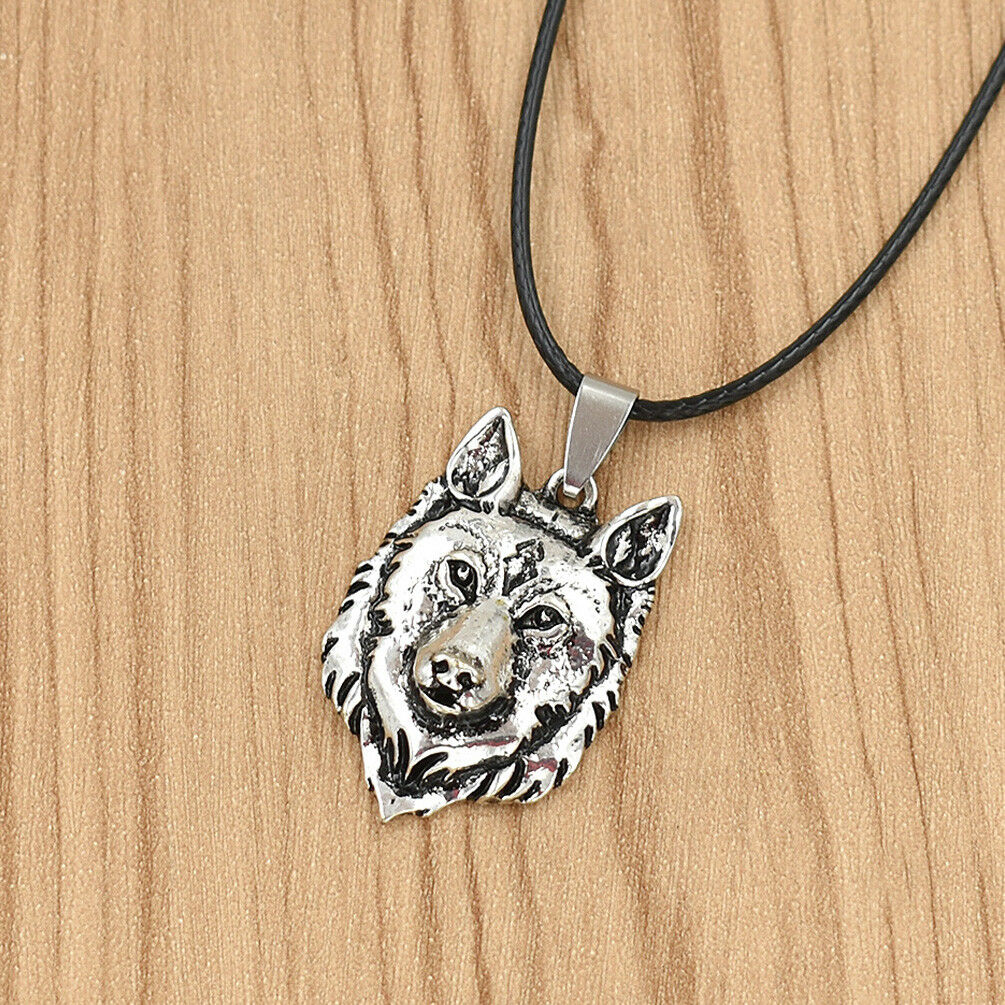 Viking Punk Men Norse Necklace Amulet Wolf Head Rope Chain Retro Pendant Jewelry