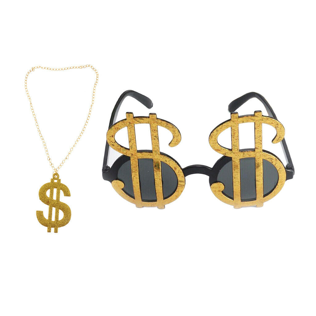 Pack of 2pcs Bling USD Dollar Signs Sunglasses Shades Money Pendant Necklace