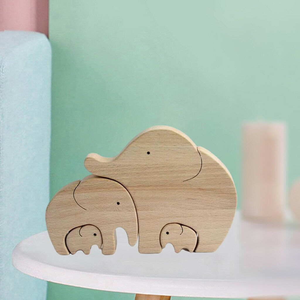 Elephant Family Statue Wood Animal Sculpture Indoor Home Decor Mother's Gifts