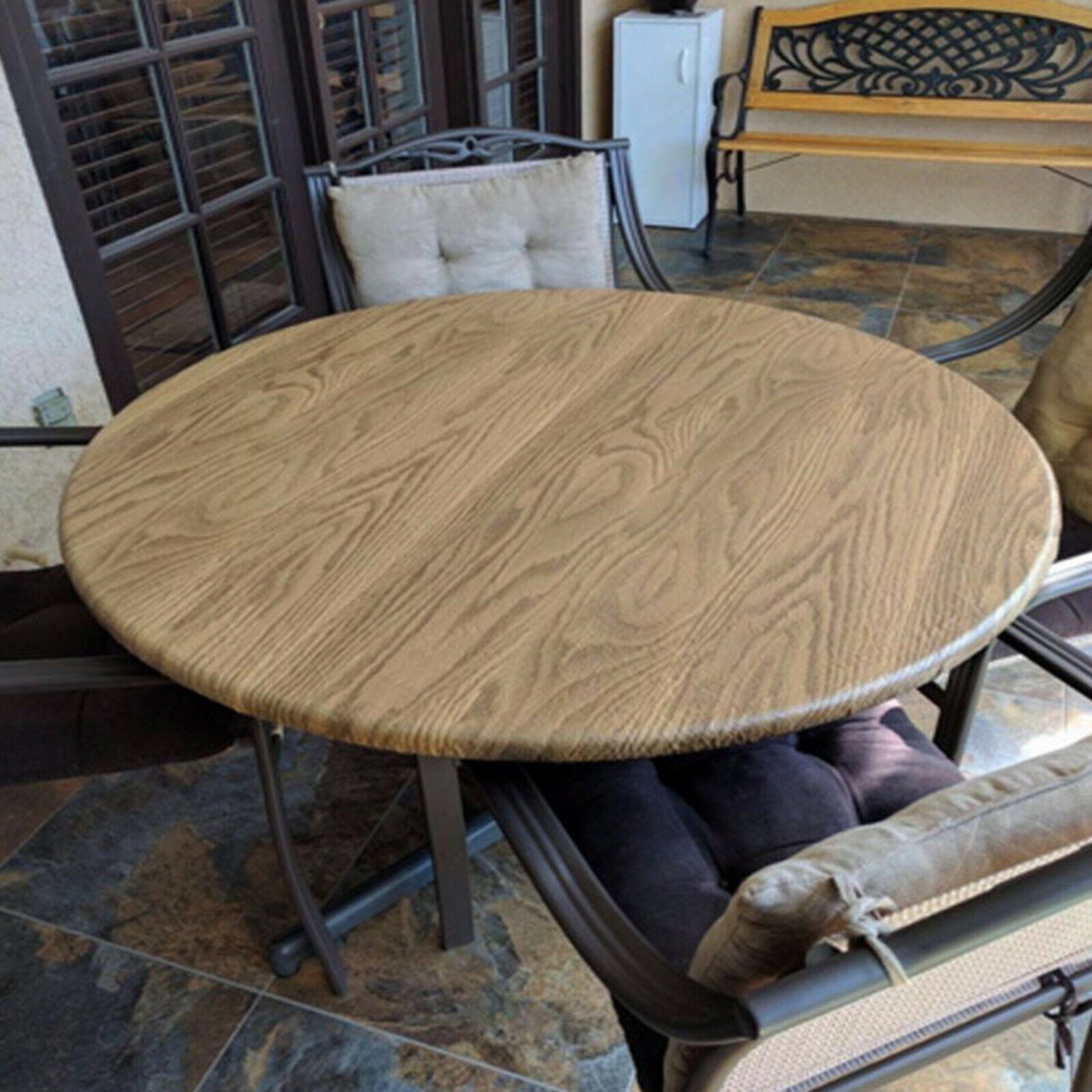 Round PVC Tablecloth Waterproof Table Cover Home Decor Wood Pattern