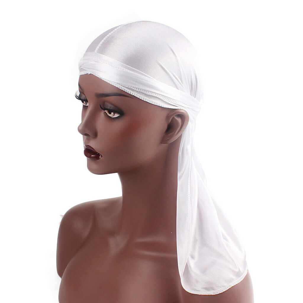 Unisex Soft Silky Durag Long Tail Wave   Headwrap Headscarf Headwear White