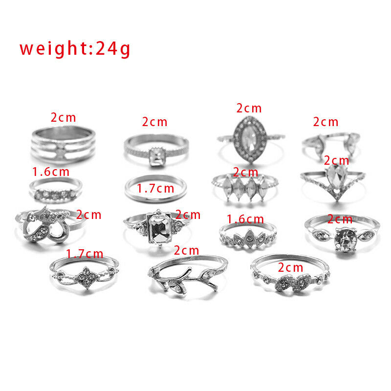 15Pcs Set Women Girls Midi Finger Ring Retro Punk Boho Knuckle Rings Jewelry HN