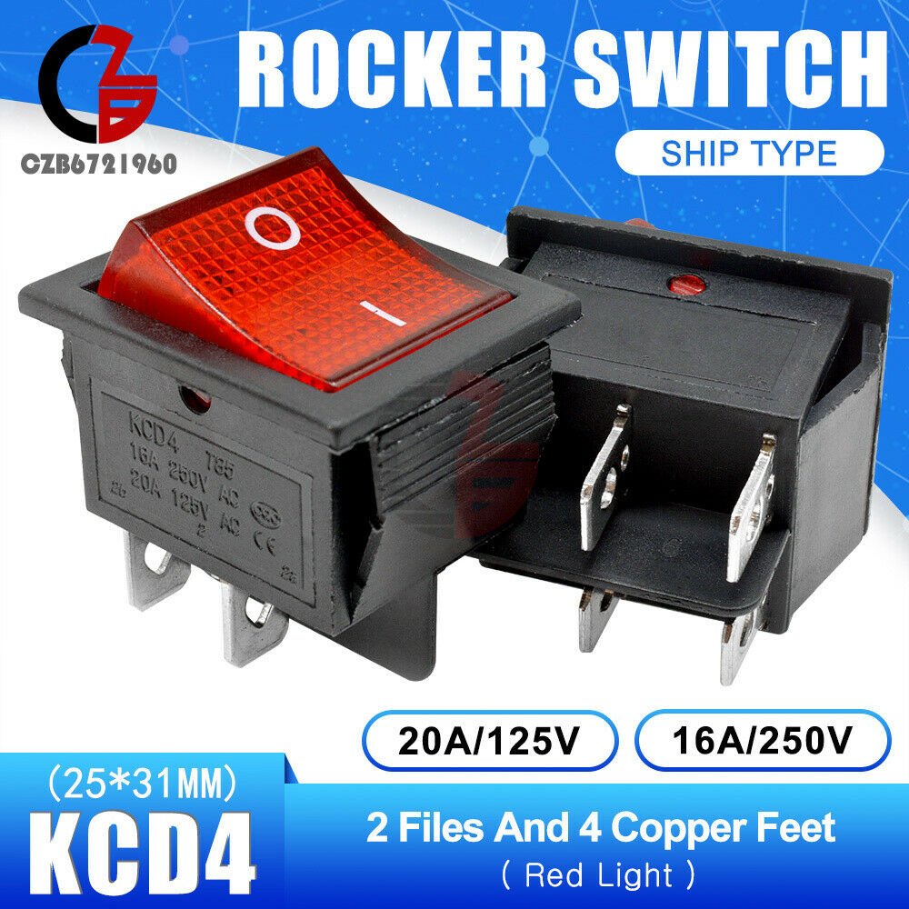 5PCS KCD4 Rocker Boat Switch DPST 4PIN Terminals ON/OFF 16A 250V W/ Red light
