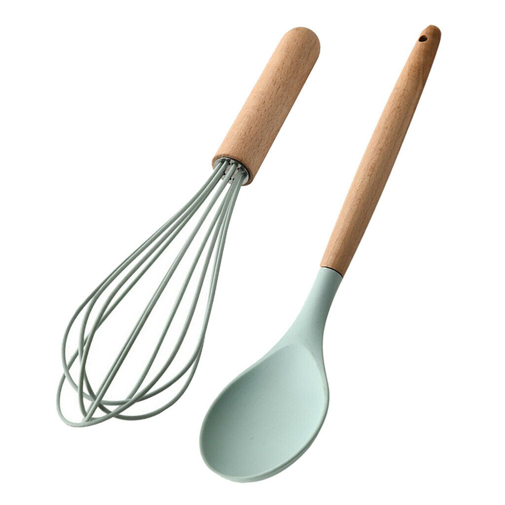 2Pieces Spoon Egg Whisk Cooking Utensil Set Wooden Handle Baking Household