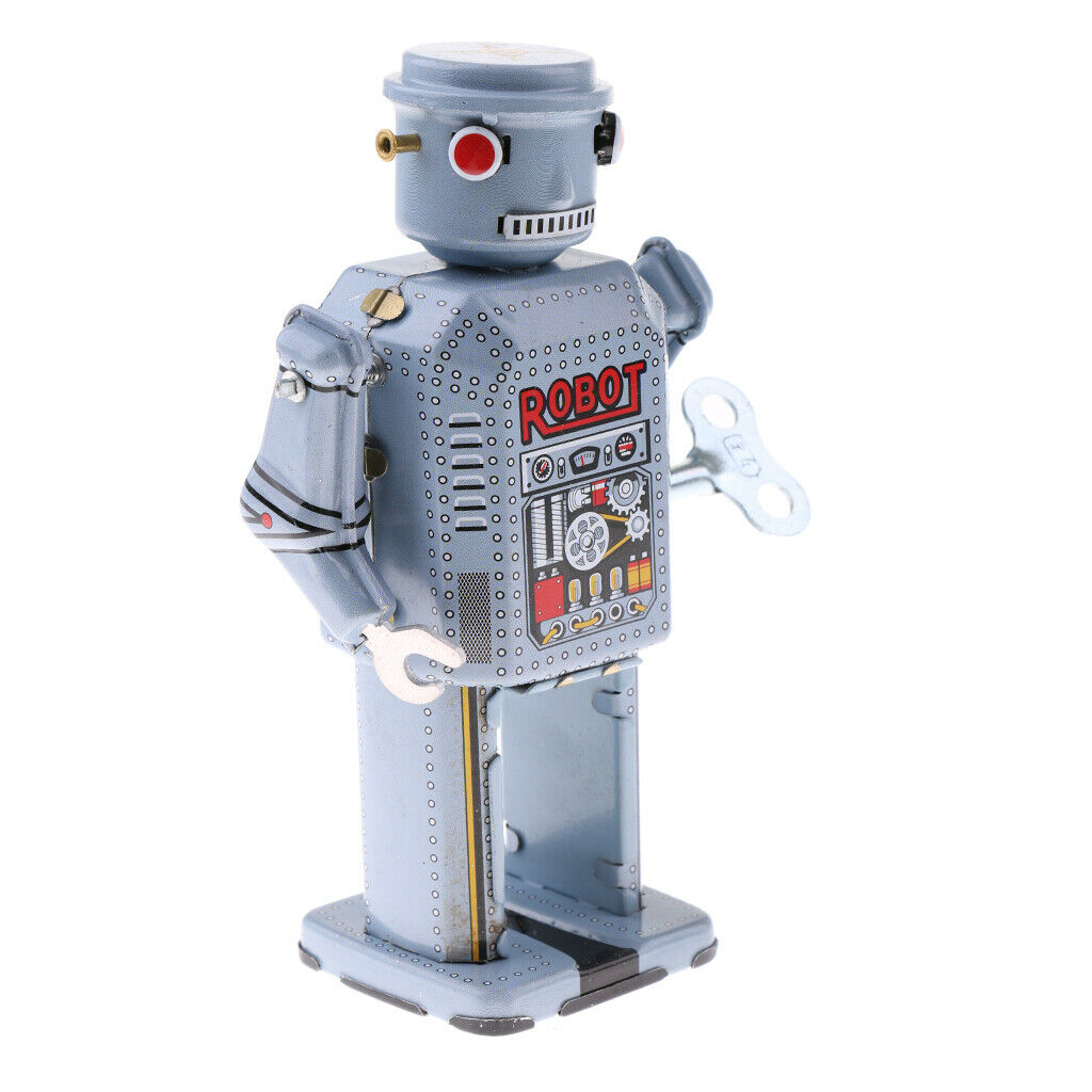 10cm Gray Wind Up Walking Planets Robot Clockwork Tin Tinplate Toys Collectibles