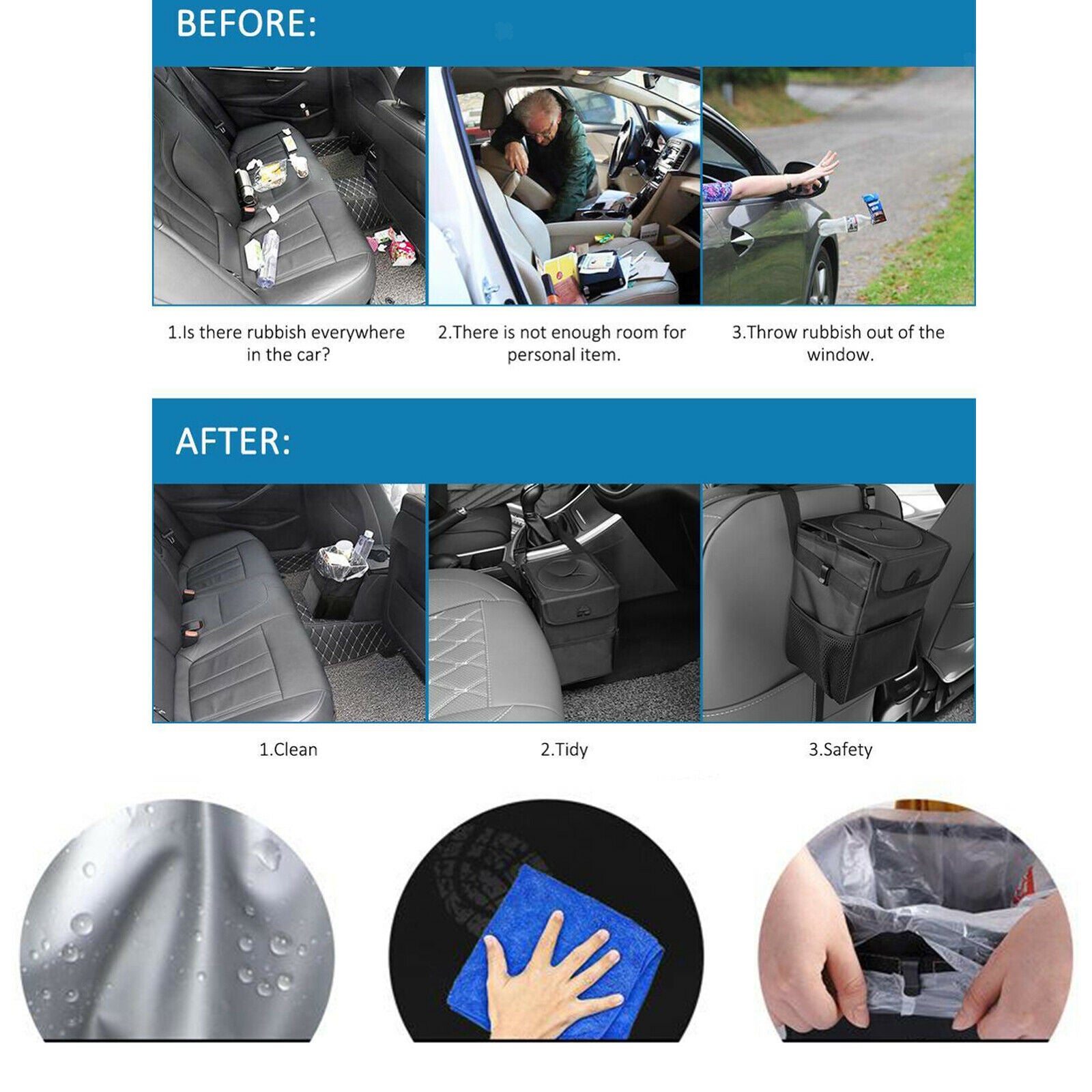 Collapsible Car Seat Trash Garbage Can Rubbish Waste Bin Waterproof Black