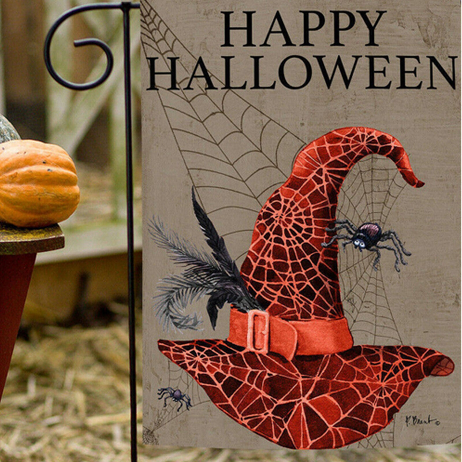 Toland Happy Halloween Hat 12.5 x 18 Spooky Witch Spider Web Garden Flag