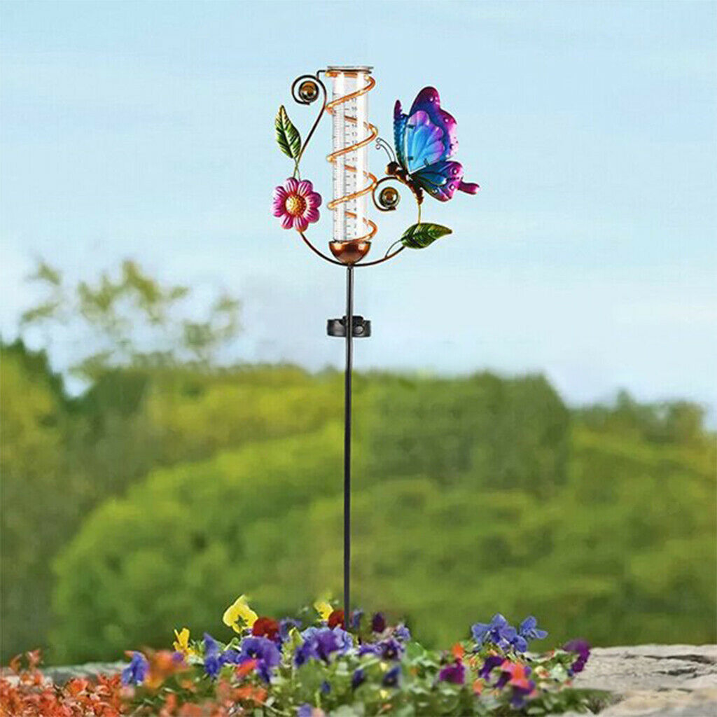 Rain Gauge Butterfly Garden Stakes Decor Glow in Dark Metal Yard Art Outdoor