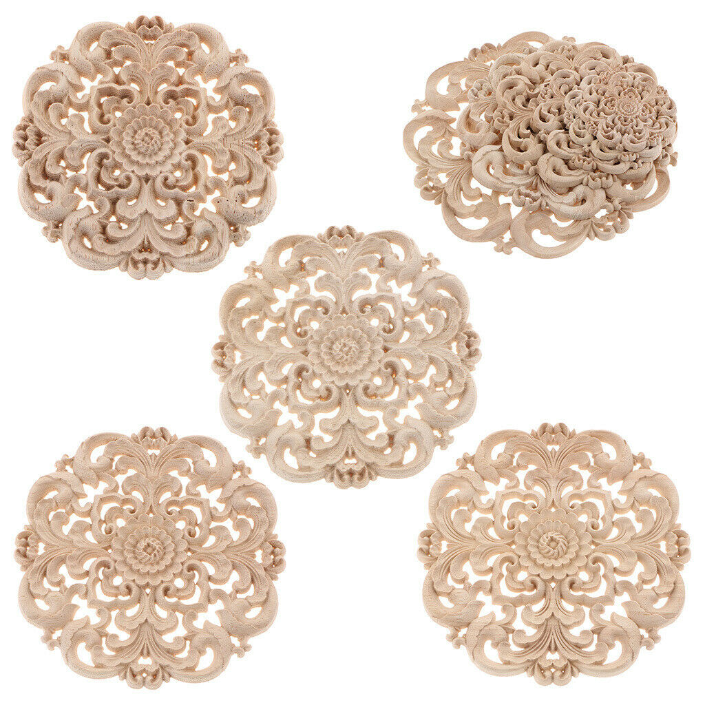 4Pcs Chinese Combines Western Design Wood Carved Flower Appliques Round Cabinet