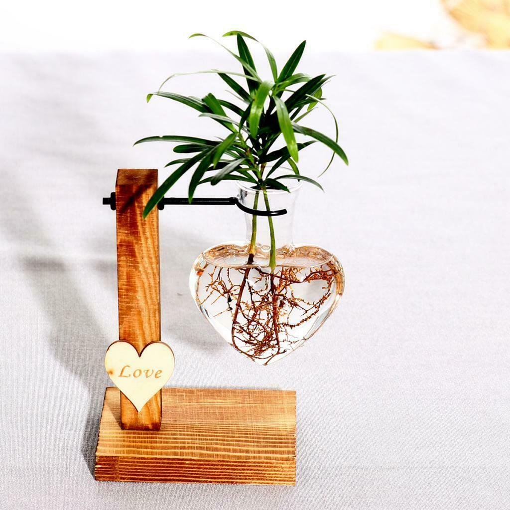 Love Heart Shape Glass Hydroponic Flower Vase Container w/Wooden Stand Decor