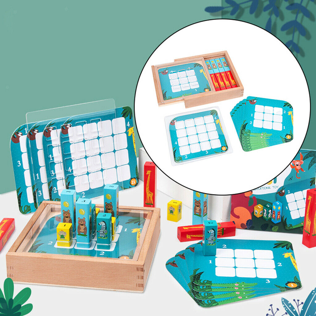 Wooden Montessori 16pcs Animal Blocks with 25 Cards Board Game for Kids